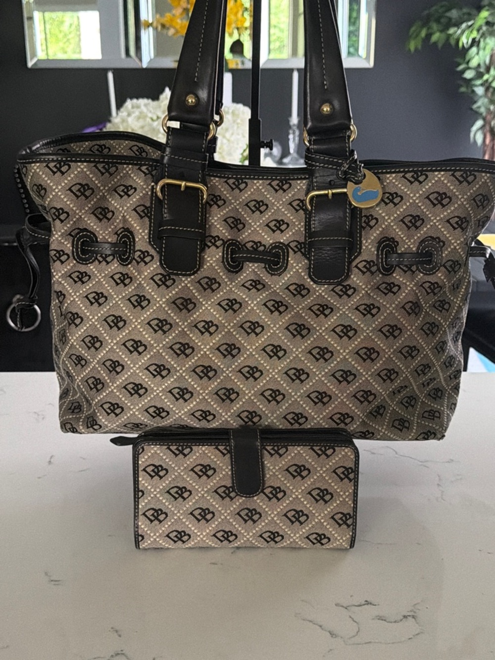 Dooney & Bourke Beige and Black Logo Tote with Matching Wallet